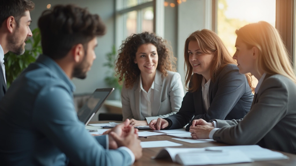 Профессионалы, обсуждающие карьерные возможности в современном офисе Казахстана