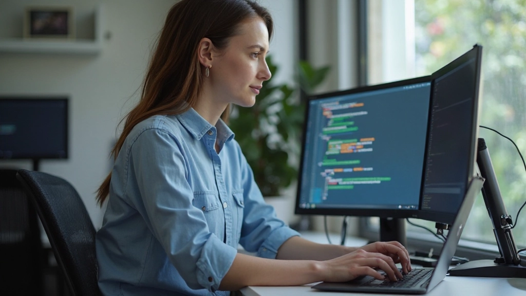 Разработчик программирует на компьютере с несколькими мониторами