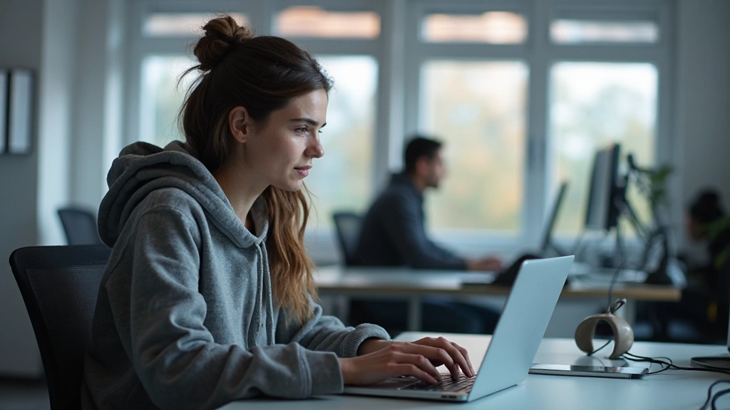 Студент программирования работает с кодом на ноутбуке в современной лаборатории