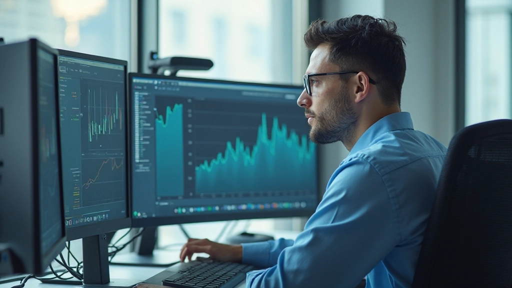 Профессиональный аналитик работает за компьютером с графиками и данными