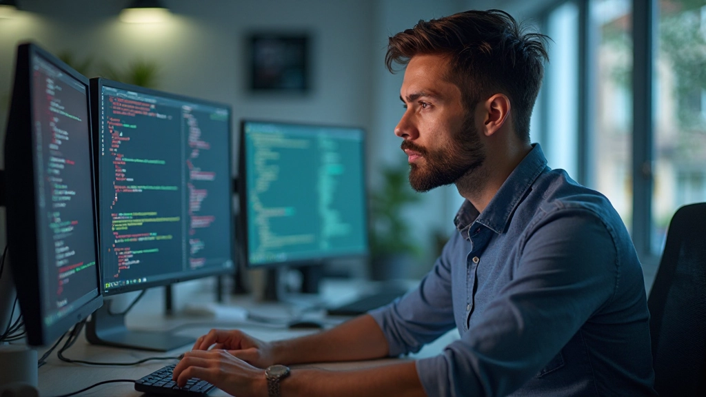 Современное рабочее место разработчика с несколькими мониторами и кодом на экране