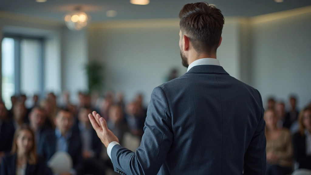 Профессионал выступает перед аудиторией на деловой конференции