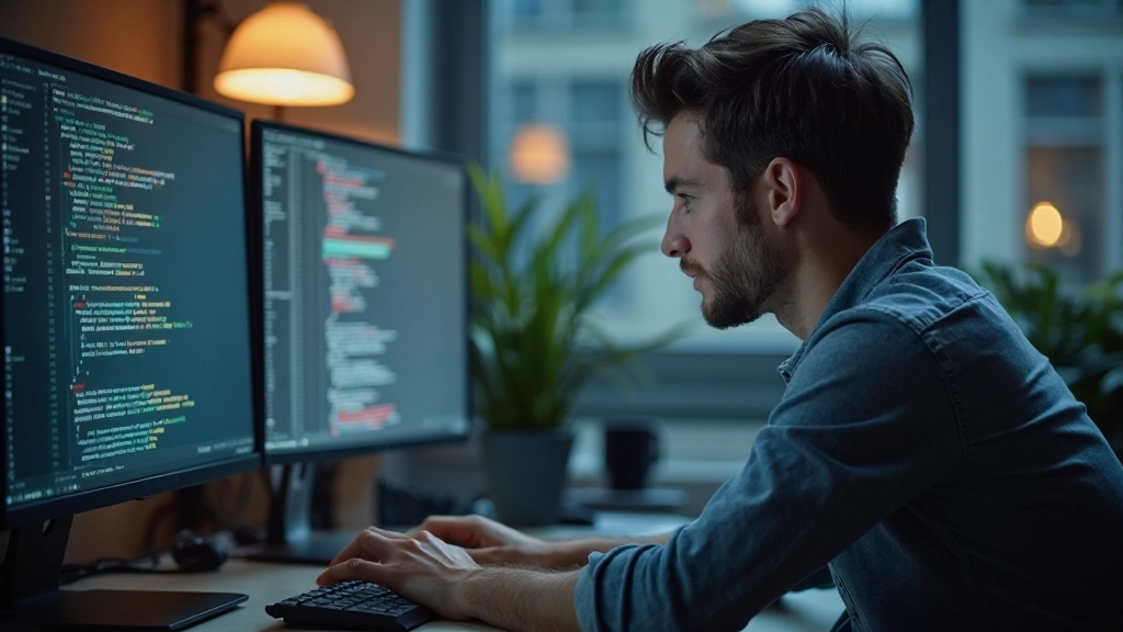 Программист работает над кодом на компьютере, разрабатывает программное приложение