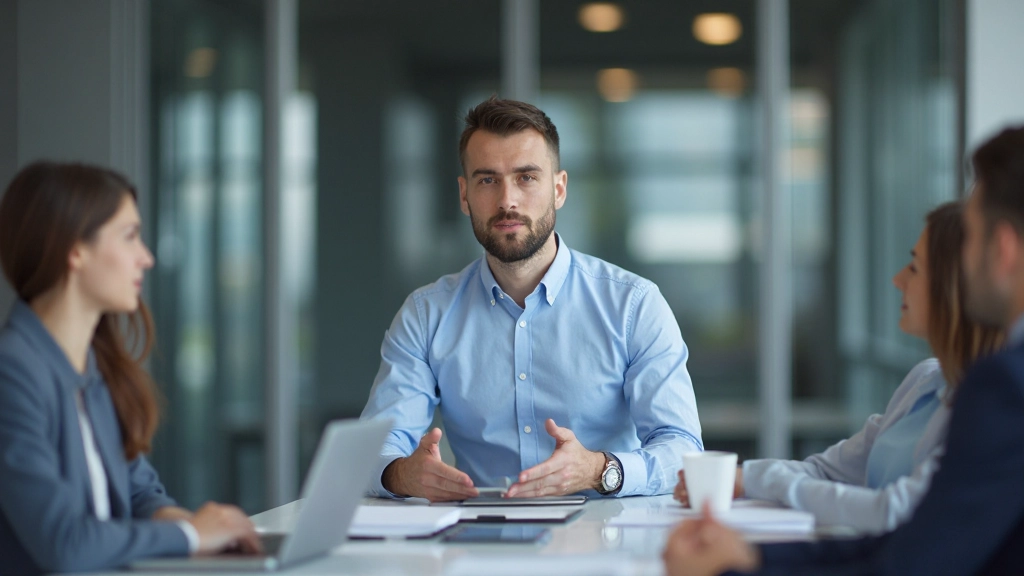 Молодой профессионал, проводящий презентацию перед командой в конференц-зале