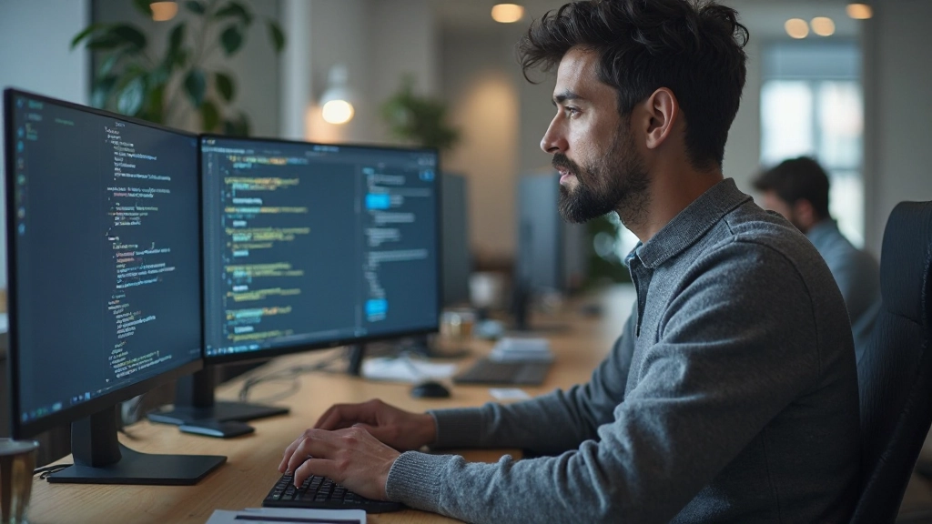 Специалист по IT, кодирующий программное обеспечение за компьютером в технологическом офисе
