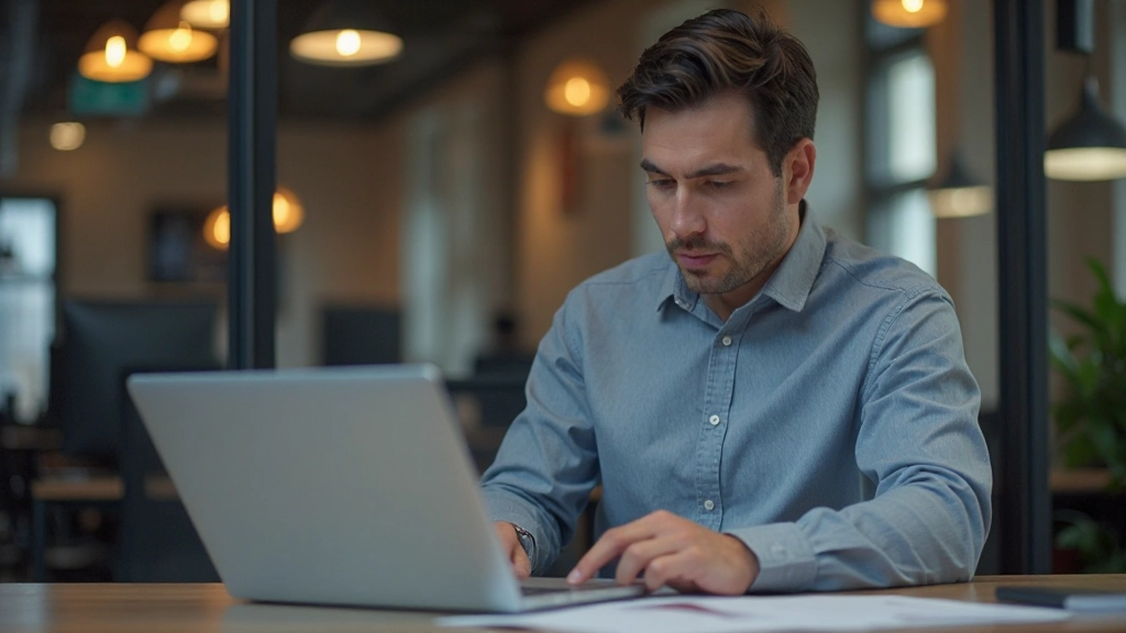 Профессионал, работающий с данными аналитики на ноутбуке в современном офисе