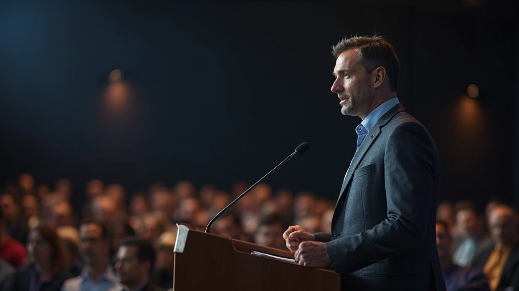 Оратор выступает перед аудиторией на конференции, демонстрируя навыки публичного выступления